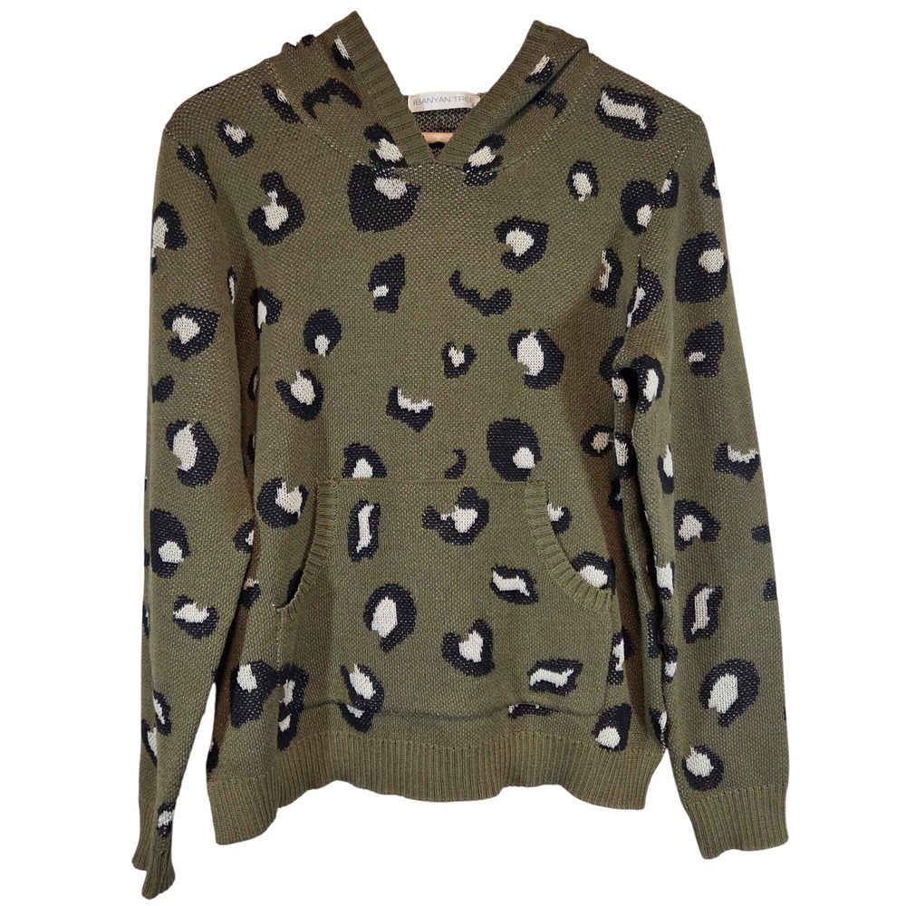 Banyan Tree‎ Leopard Print Hoodie Size S Olive Green Granola Girl Cozy Sweater